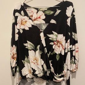 Super Soft Black Floral Wrap Top Plunge Neckline Large - 2 for $5